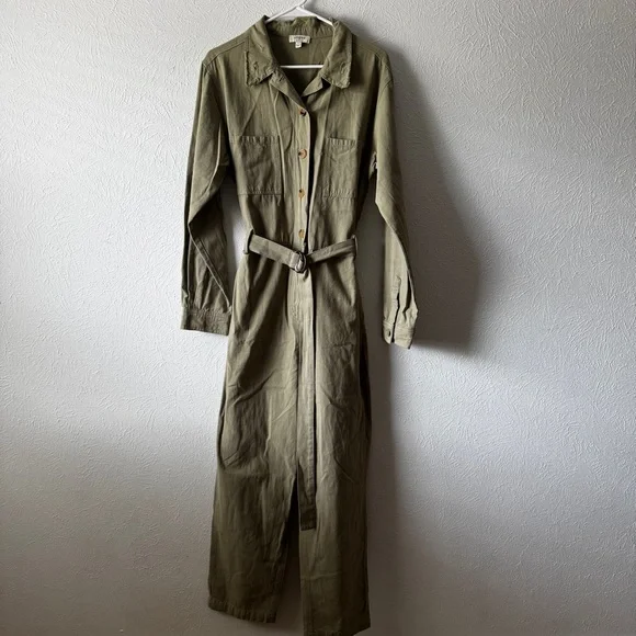 UMGEE USA Green Belted Long Sleeve Jumpsuit COVERALLS Pantsuit Womens L - Picture 1 of 7